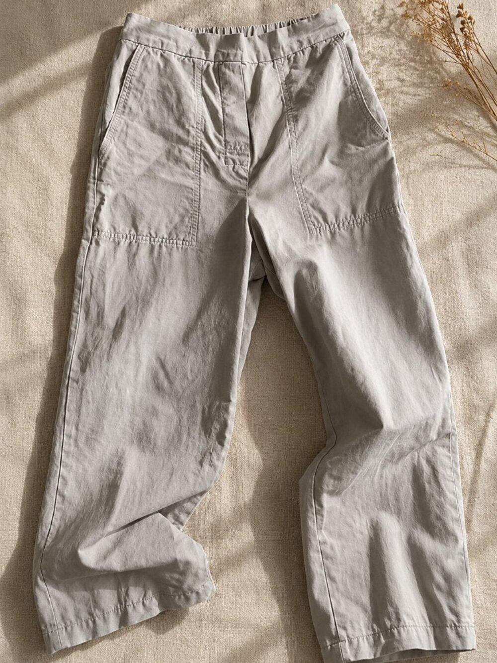 COS Linen Beige Wide Leg Cropped Trousers Minimalist Cotton Blend Pants US 2